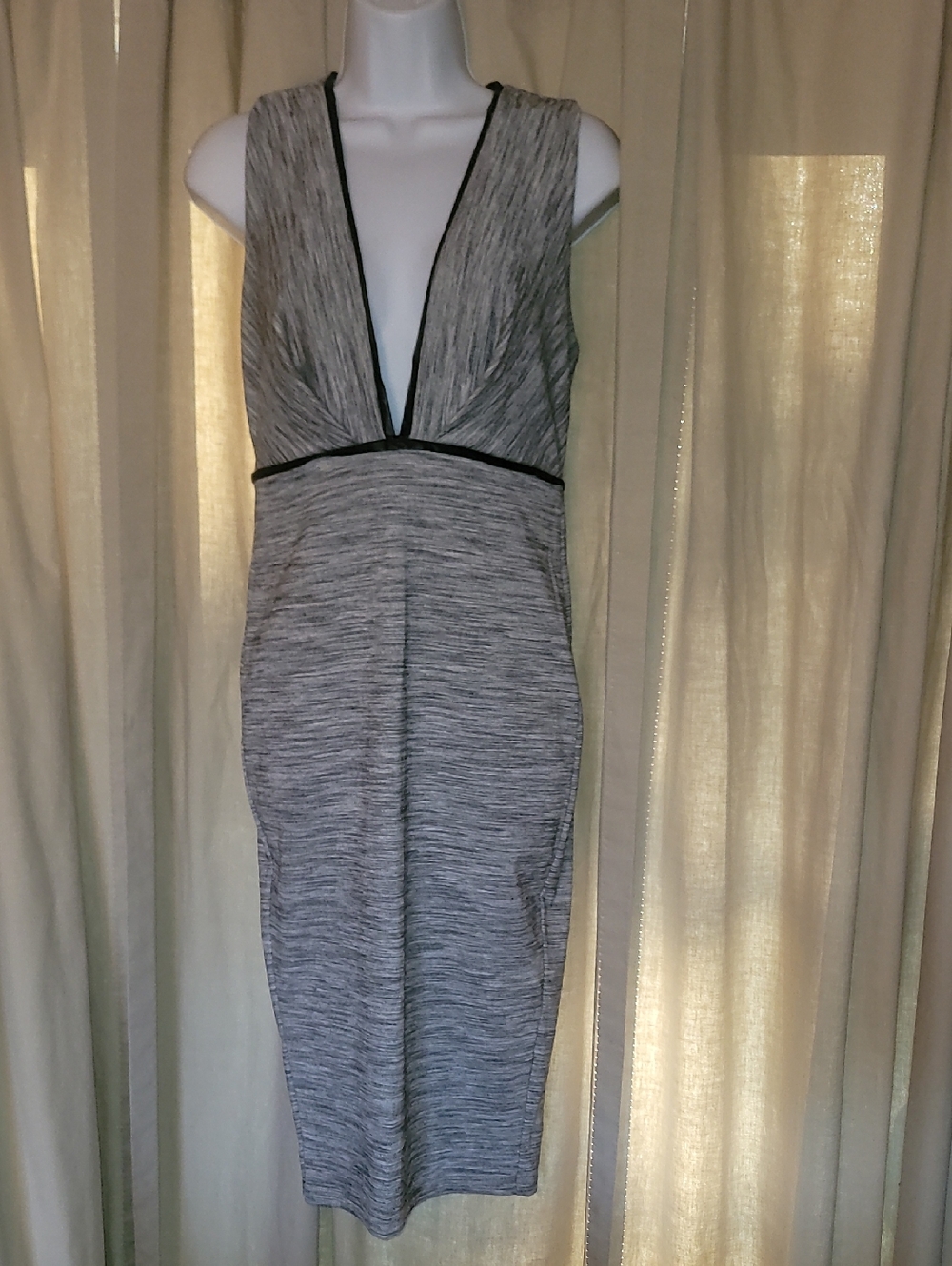 Hot Miami Styles Heather Gray Deep V Midi Dress with Black Trim